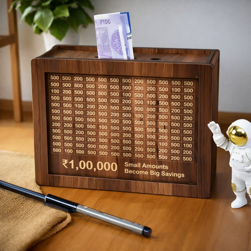 ₹1 Lakh Saving Challenge Wooden Money Box