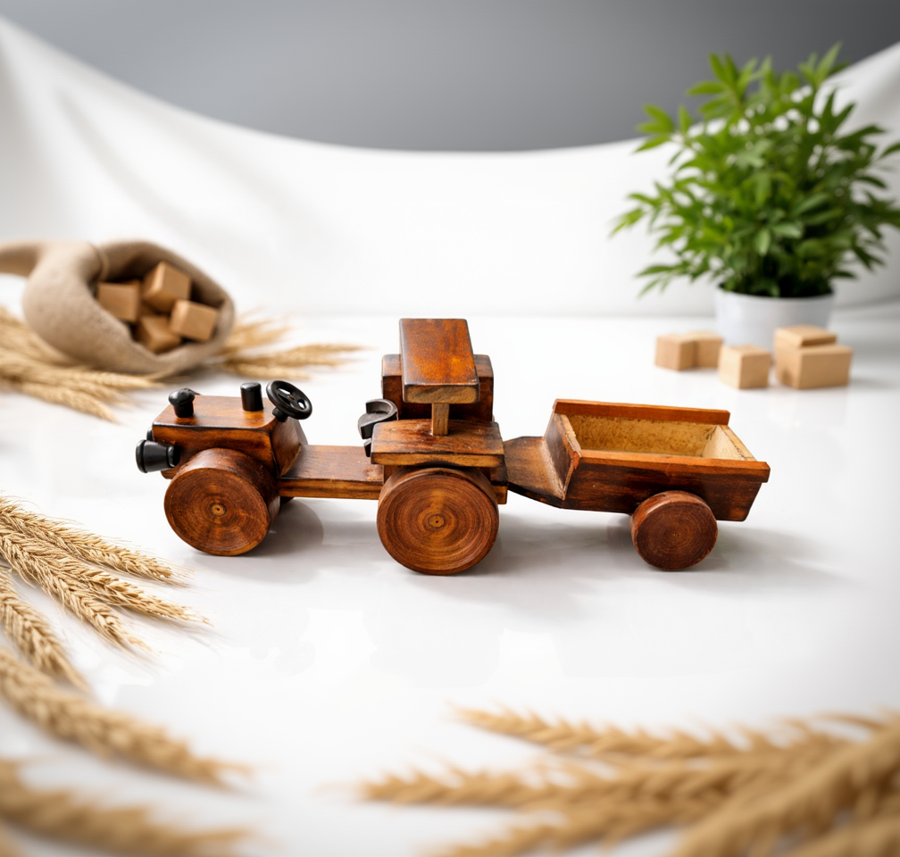 Handcrafted Wooden Tractor Toy with Trailer | Eco-Friendly Kids Toy