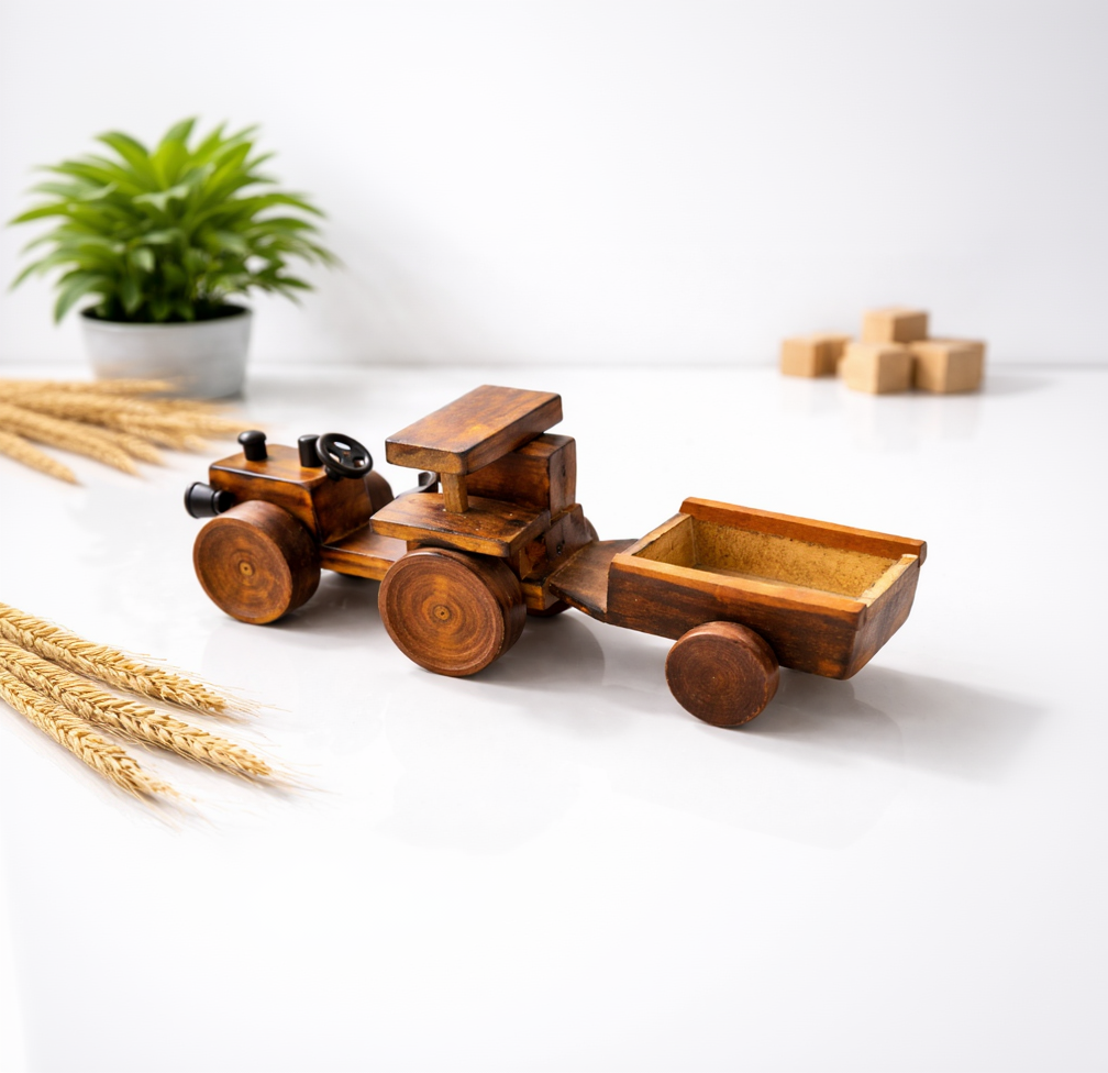 Handcrafted Wooden Tractor Toy with Trailer | Eco-Friendly Kids Toy