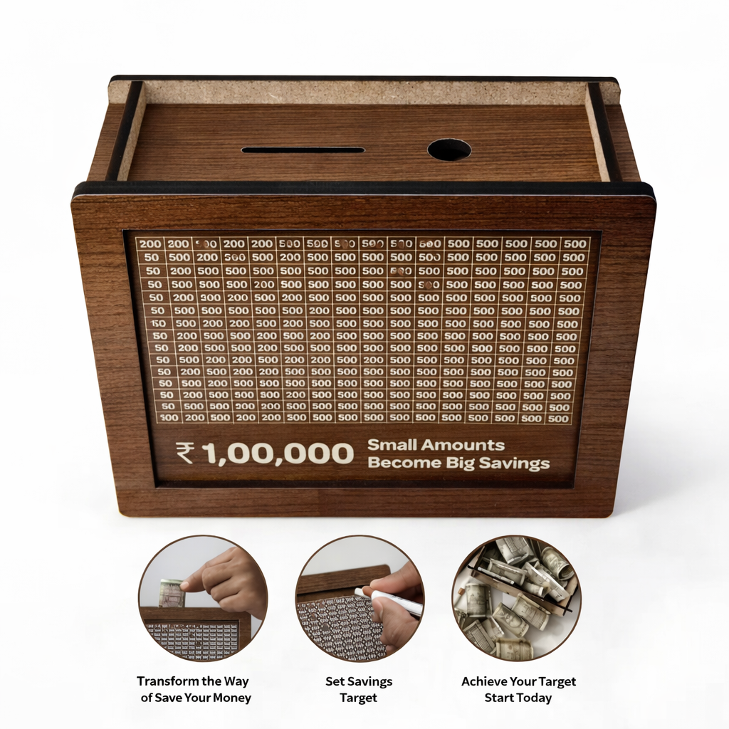 ₹1 Lakh Saving Challenge Wooden Money Box